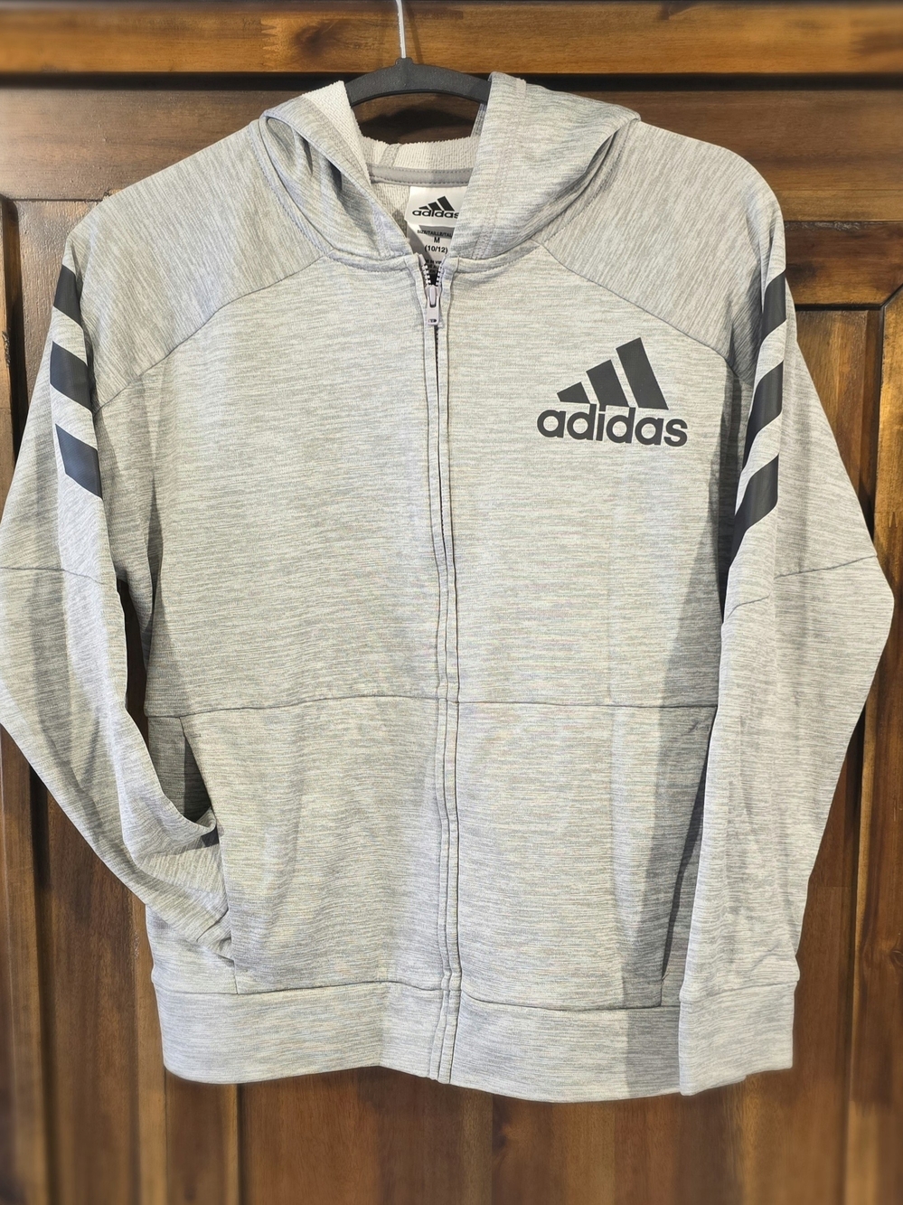 adidas Boy's Light Gray Zip Hooded Jacket with Black Logo and Stripes